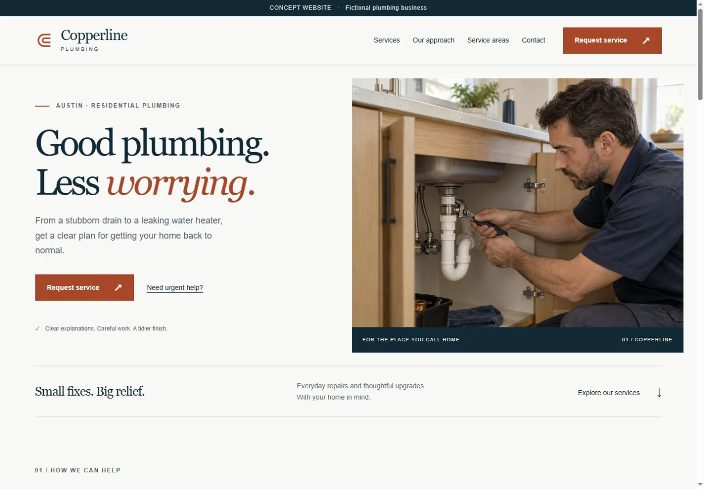 Copperline’s desktop homepage: serif typography, warm copper service-request button, and an illustrative plumber at work.